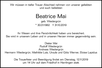 Traueranzeige von Beatrice Mai von SÜDWEST PRESSE Ausgabe Ulm/Neu-Ulm