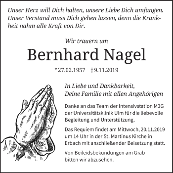 Traueranzeige von Bernhard Nagel von SÜDWEST PRESSE Ausgabe Ulm/Neu-Ulm