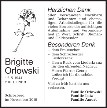 Traueranzeige von Brigitte Orlowski von Hohenloher Tagblatt