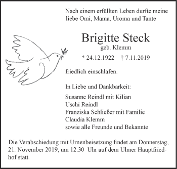 Traueranzeige von Brigitte Steck von SÜDWEST PRESSE Ausgabe Ulm/Neu-Ulm