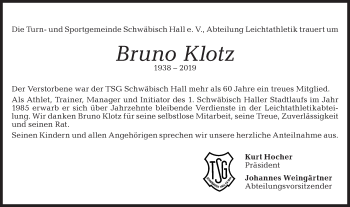 Traueranzeige von Bruno Klotz von Haller Tagblatt