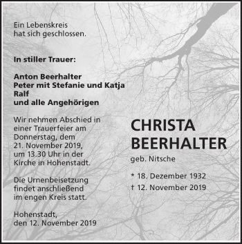 Traueranzeige von Christa Beerhalter von NWZ Neue Württembergische Zeitung/Geislinger Zeitung