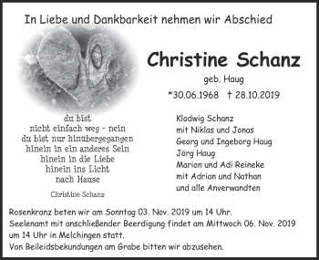 Traueranzeige von Christine Schanz von Hohenzollerische Zeitung