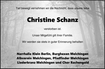 Traueranzeige von Christine Schanz von Hohenzollerische Zeitung