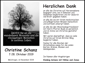 Traueranzeige von Christine Schanz von Hohenzollerische Zeitung