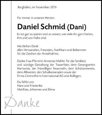 Traueranzeige von Daniel Schmid von SÜDWEST PRESSE Ausgabe Ulm/Neu-Ulm