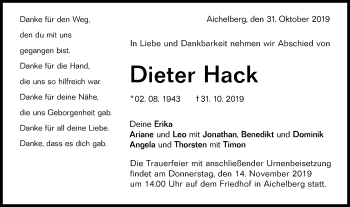 Traueranzeige von Dieter Hack von NWZ Neue Württembergische Zeitung