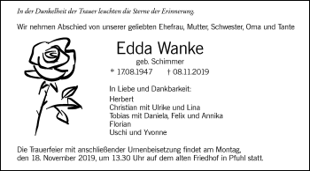 Traueranzeige von Edda Wanke von SÜDWEST PRESSE Ausgabe Ulm/Neu-Ulm