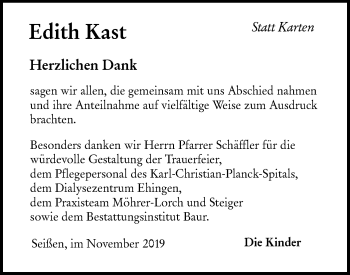 Traueranzeige von Edith Kast von SÜDWEST PRESSE Ausgabe Ulm/Neu-Ulm