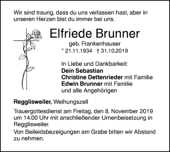 Traueranzeige von Elfriede Brunner von Illertal Bote