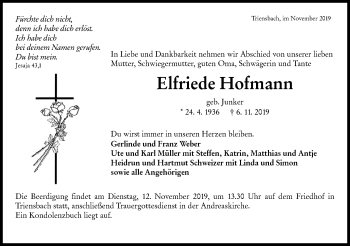 Traueranzeige von Elfriede Hofmann von Hohenloher Tagblatt