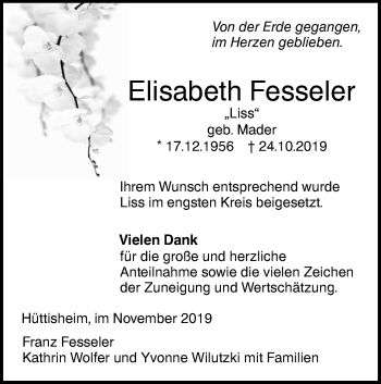 Traueranzeige von Elisabeth Fesseler von SÜDWEST PRESSE Ausgabe Ulm/Neu-Ulm