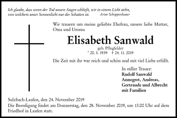 Traueranzeige von Elisabeth Sanwald von Rundschau Gaildorf