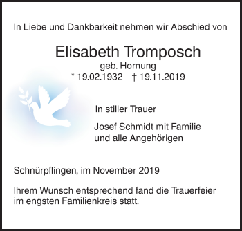 Traueranzeige von Elisabeth Tromposch von SÜDWEST PRESSE Ausgabe Ulm/Neu-Ulm