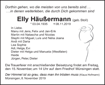 Traueranzeige von Elly Häußermann von Alb-Bote/Metzinger-Uracher Volksblatt