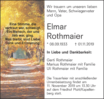 Traueranzeige von Elmar Rothmaier von SÜDWEST PRESSE Ausgabe Ulm/Neu-Ulm