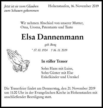 Traueranzeige von Elsa Dannenmann von NWZ Neue Württembergische Zeitung