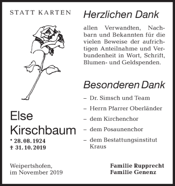 Traueranzeige von Else Kirschbaum von Hohenloher Tagblatt