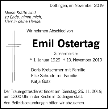 Traueranzeige von Emil Ostertag von Alb-Bote/Metzinger-Uracher Volksblatt