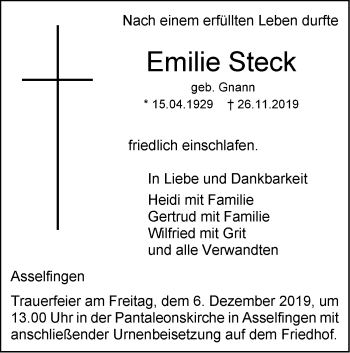 Traueranzeige von Emilie Steck von SÜDWEST PRESSE Ausgabe Ulm/Neu-Ulm