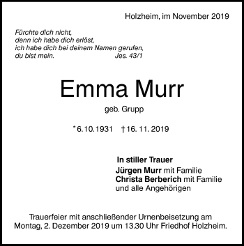 Traueranzeige von Emma Murr von NWZ Neue Württembergische Zeitung