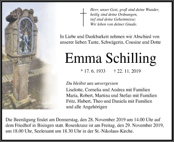 Traueranzeige von Emma Schilling von Hohenzollerische Zeitung