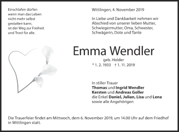 Traueranzeige von Emma Wendler von Metzinger-Uracher Volksblatt