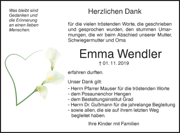 Traueranzeige von Emma Wendler von Alb-Bote/Metzinger-Uracher Volksblatt