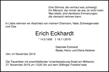 Traueranzeige von Erich Eckhardt von SÜDWEST PRESSE Ausgabe Ulm/Neu-Ulm