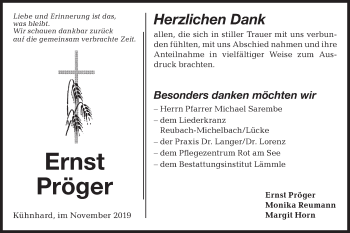 Traueranzeige von Ernst Pröger von Hohenloher Tagblatt