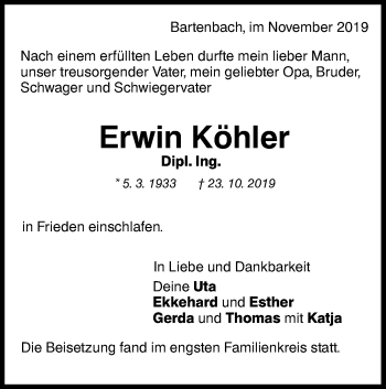 Traueranzeige von Erwin Köhler von NWZ Neue Württembergische Zeitung