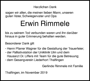 Traueranzeige von Erwin Rimmele von SÜDWEST PRESSE Ausgabe Ulm/Neu-Ulm