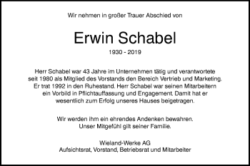 Traueranzeige von Erwin Schabel von SÜDWEST PRESSE Ausgabe Ulm/Neu-Ulm