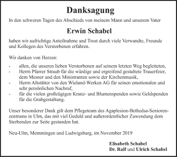 Traueranzeige von Erwin Schabel von SÜDWEST PRESSE Ausgabe Ulm/Neu-Ulm