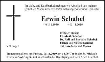 Traueranzeige von Erwin Schabel von SÜDWEST PRESSE Ausgabe Ulm/Neu-Ulm