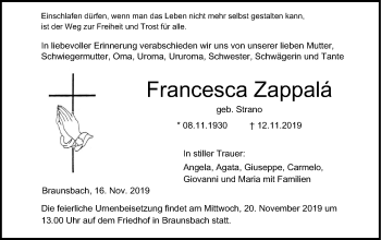 Traueranzeige von Francesca Zappalá von Haller Tagblatt