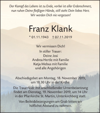 Traueranzeige von Franz  Klank von SÜDWEST PRESSE Ausgabe Ulm/Neu-Ulm