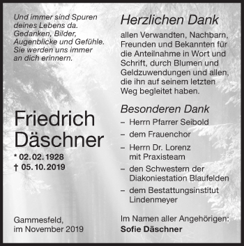 Traueranzeige von Friedrich Däschner von Hohenloher Tagblatt