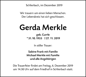 Traueranzeige von Gerda Merkle von NWZ Neue Württembergische Zeitung