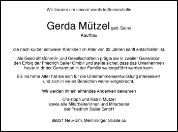 Traueranzeige von Gerda Mützel von SÜDWEST PRESSE Ausgabe Ulm/Neu-Ulm