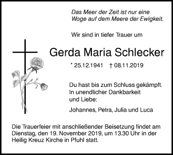 Traueranzeige von Gerda Maria Schlecker von SÜDWEST PRESSE Ausgabe Ulm/Neu-Ulm