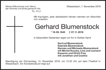 Traueranzeige von Gerhard Blumenstock von Hohenloher Tagblatt