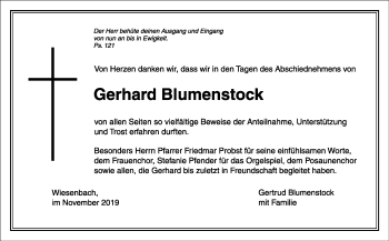 Traueranzeige von Gerhard Blumenstock von Hohenloher Tagblatt