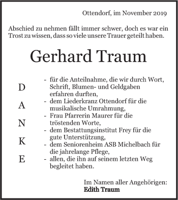 Traueranzeige von Gerhard Traum von Rundschau Gaildorf