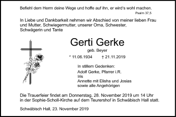 Traueranzeige von Gerti Gerke von Haller Tagblatt