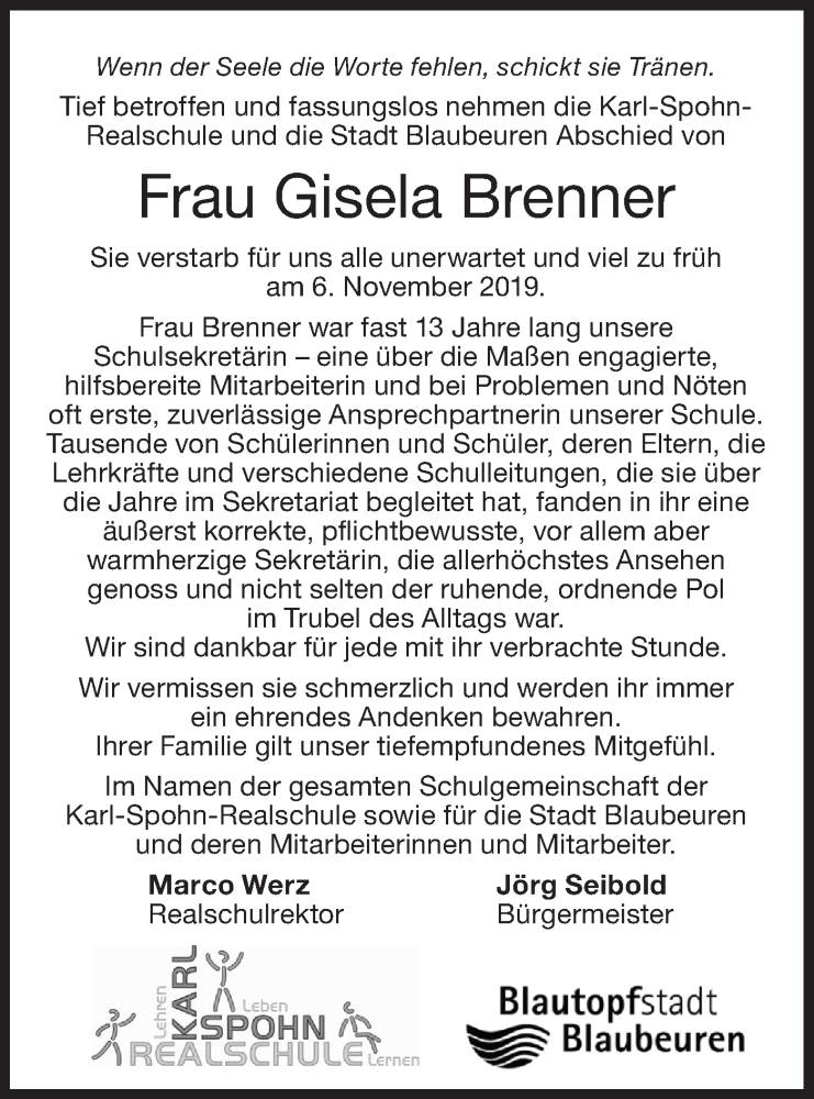  Traueranzeige für Gisela Brenner vom 14.11.2019 aus SÜDWEST PRESSE Ausgabe Ulm/Neu-Ulm