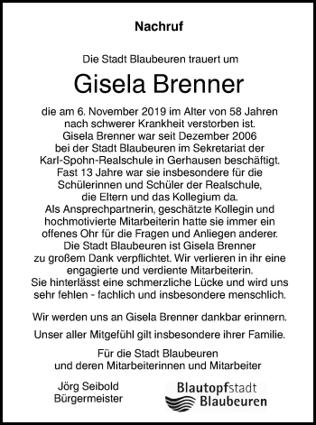 Traueranzeige von Gisela Brenner von SÜDWEST PRESSE