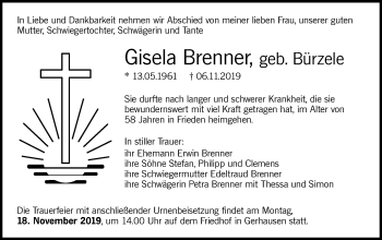 Traueranzeige von Gisela Brenner von SÜDWEST PRESSE Ausgabe Ulm/Neu-Ulm