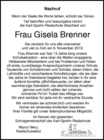 Traueranzeige von Gisela Brenner von SÜDWEST PRESSE