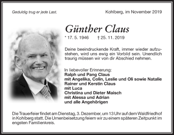 Traueranzeige von Günther Claus von Metzinger-Uracher Volksblatt